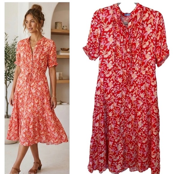 J. McLaughlin Dresses & Skirts - J.McLaughlin‎ Size S Harriet Silk Blend Tiered Midi Dress Coral Floral Butterfly
